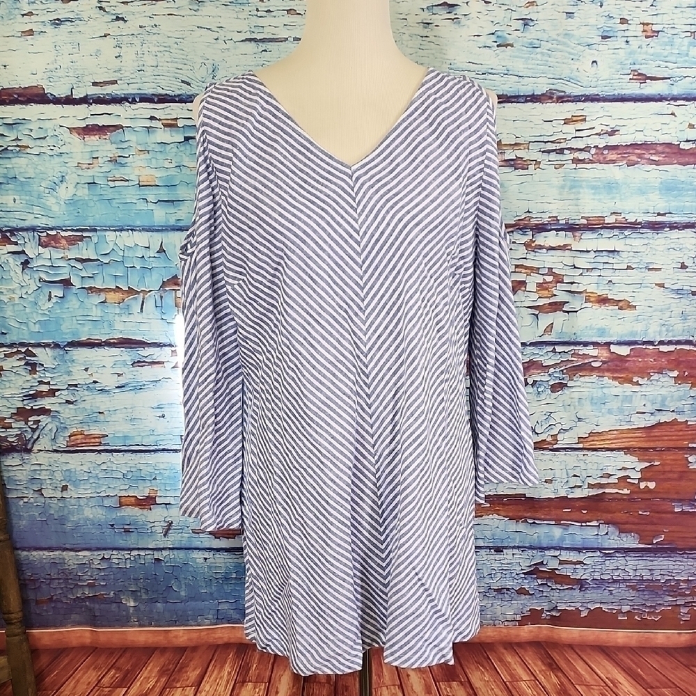 Soft Surroundings Blue and White Striped Blouse size L NWT